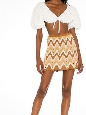 Free People Heat of the Moment Crochet Miniskirt Tan and Cream Sz L